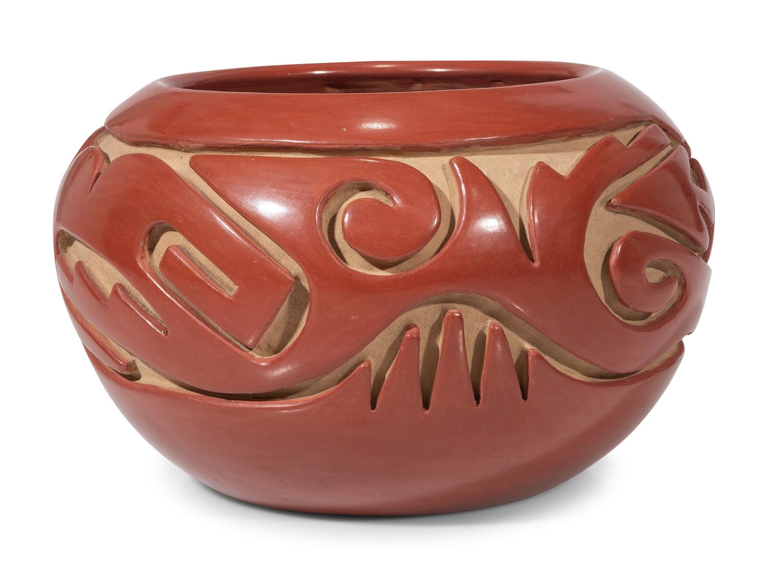 Carved Redware Pottery Bowl