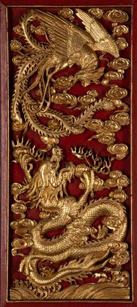 A Pair of Chinese Gilt and Red Lacquered Wood Wall Panels