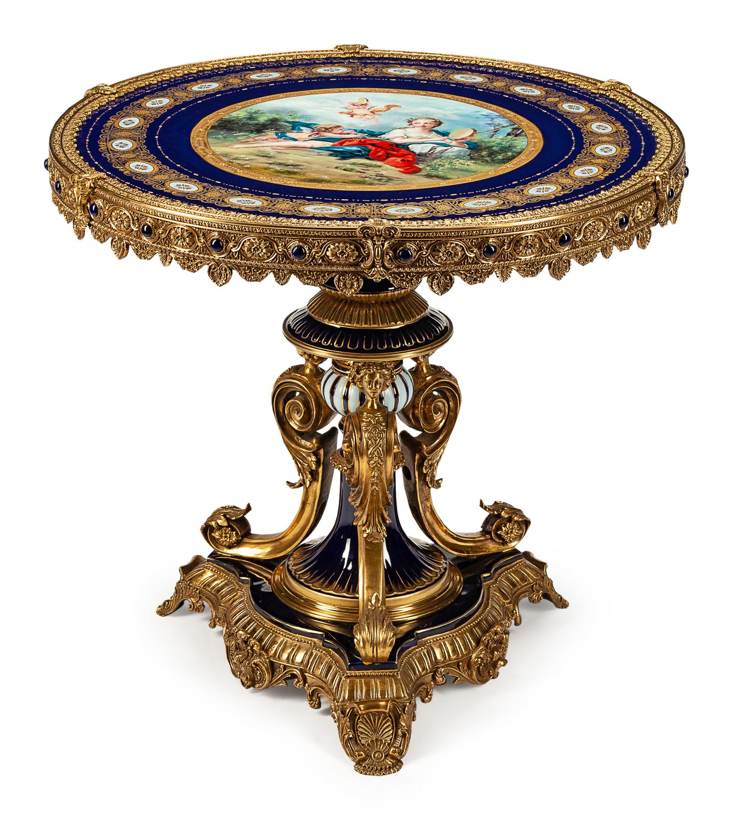 A Louis XVI Style Gilt-Bronze-Mounted Sevres Style Porcelain Gueridon