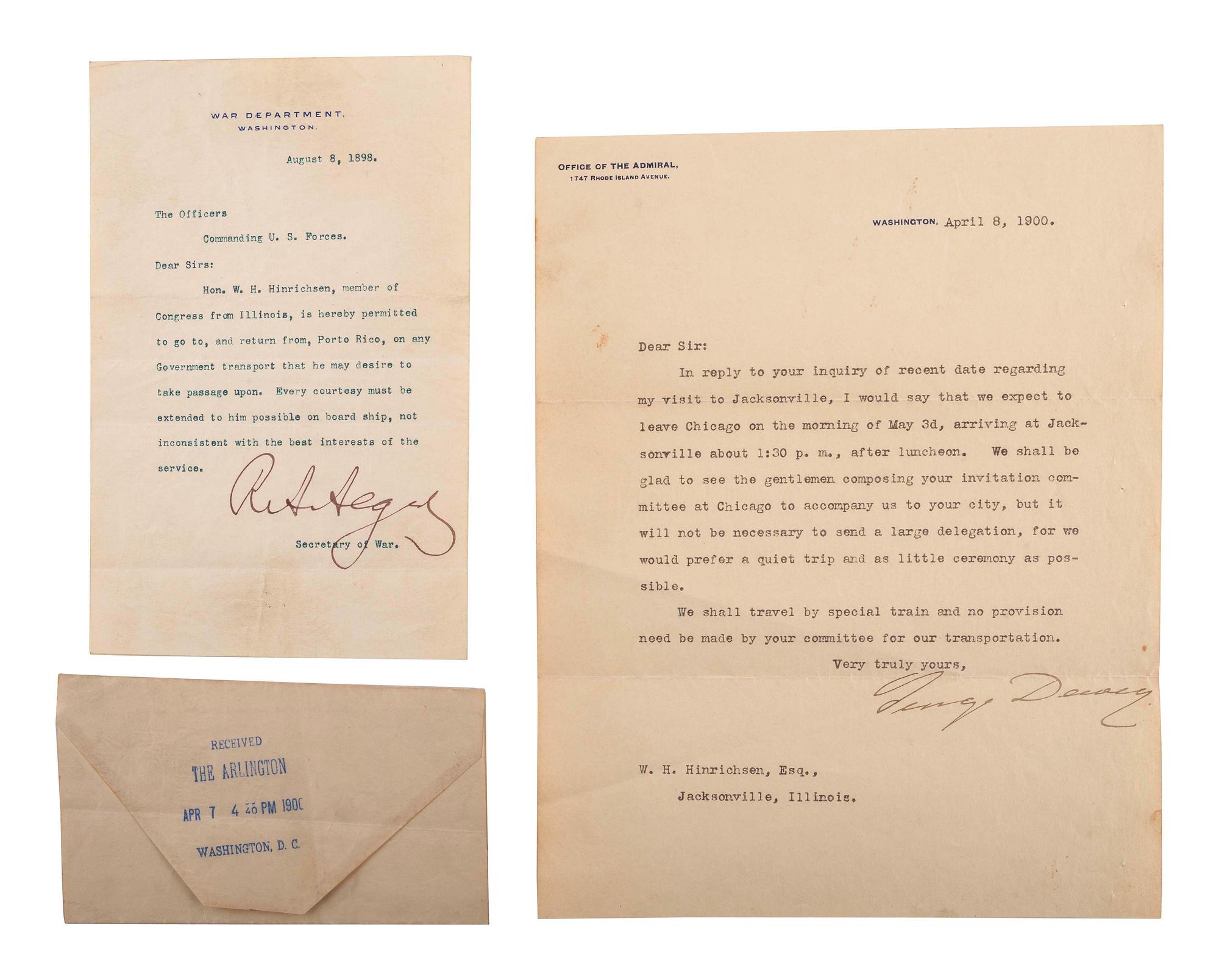 [SPANISH AMERICAN WAR] -- DEWEY, George (1837-1917) & ALGER, Russell A. (1836-1907). Correspondence related to Illinois Congressman William H. Hinrichsen, comprising: