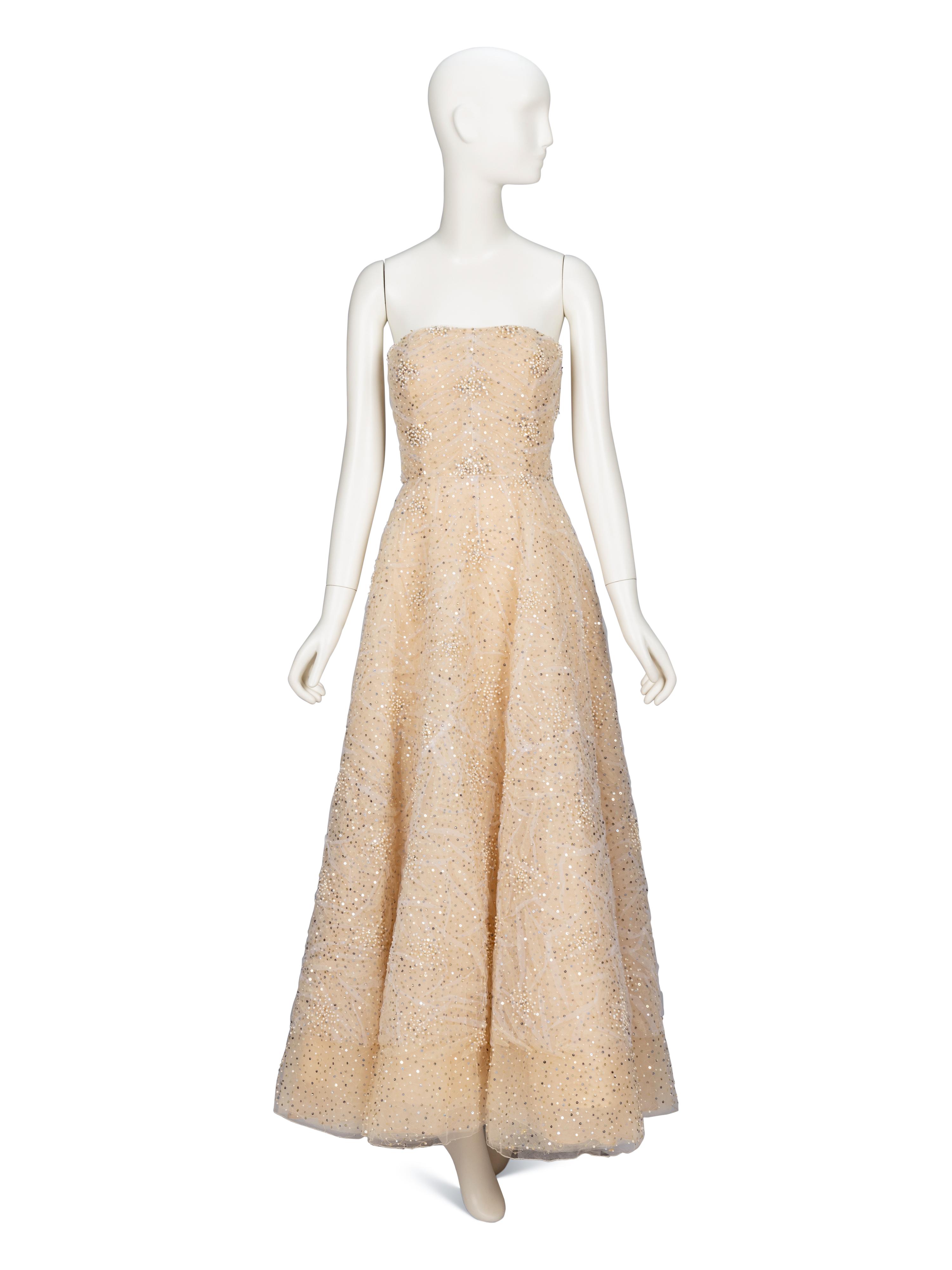 Oscar de la Renta, Embellished Champagne Tulle Evening Gown