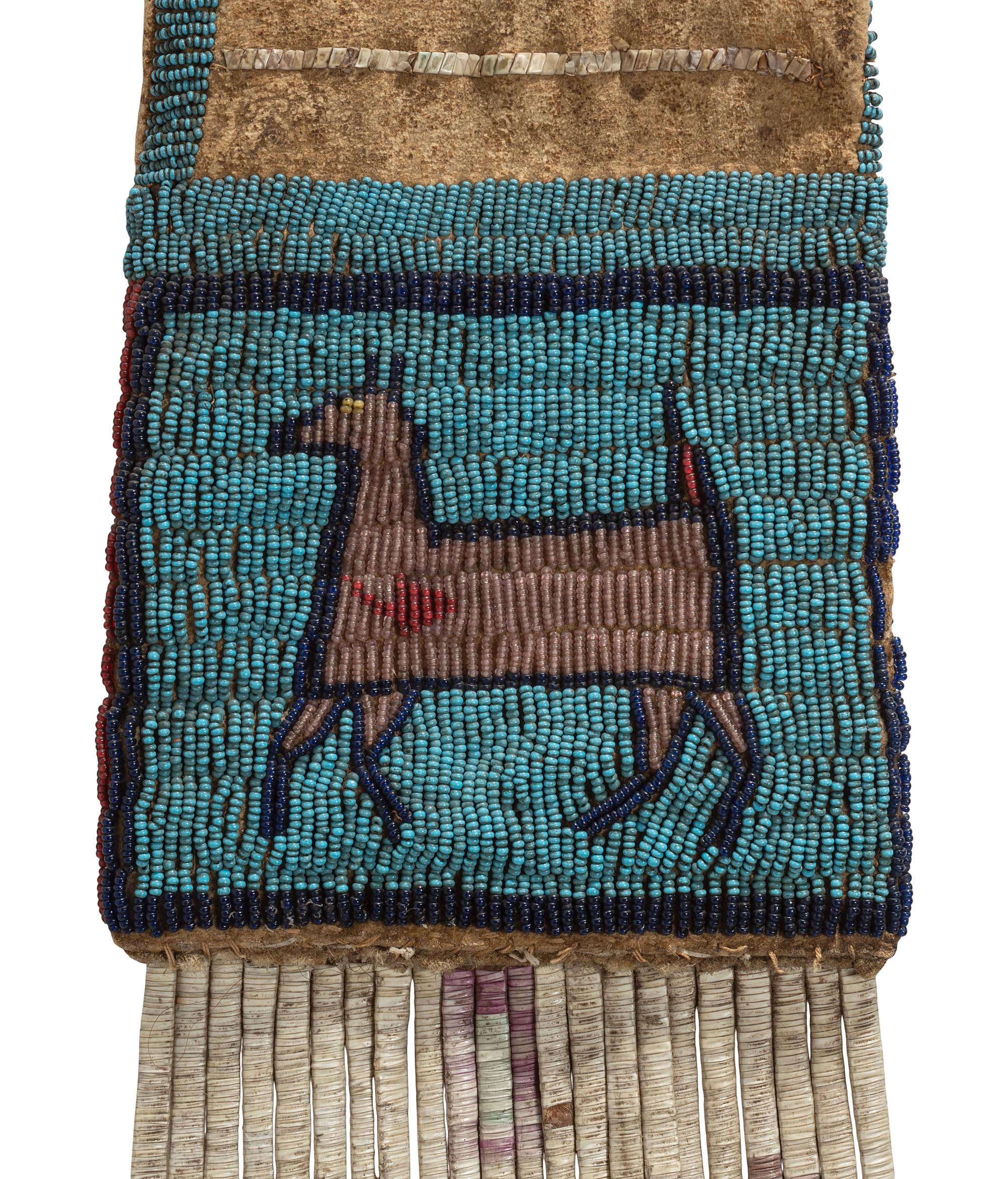 Sioux Beaded and Quilled Hide Tobacco Bag, with Heartline Deer and Tipis