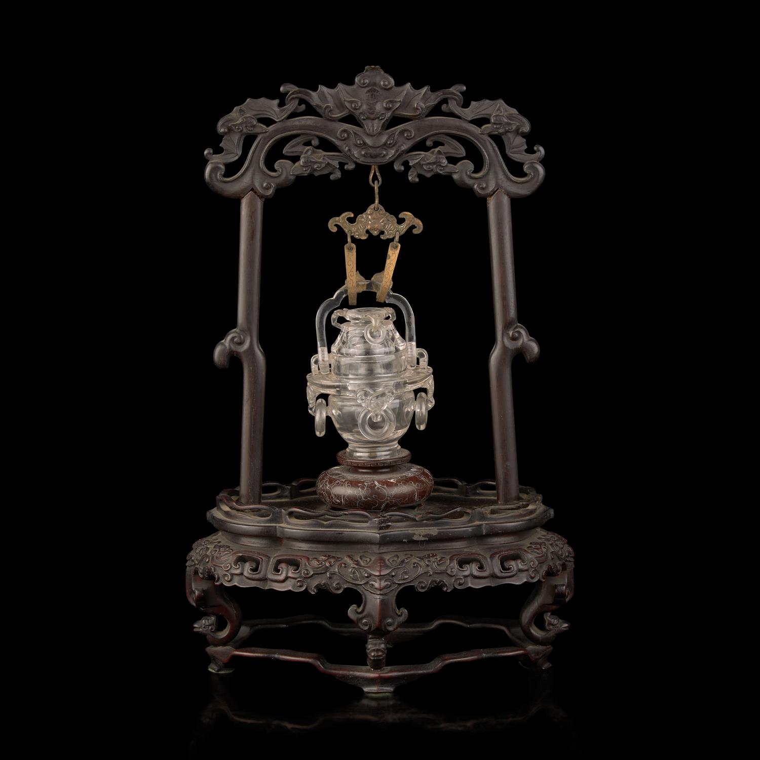 A Small Chinese Carved Rock Crystal Censer and Cover with Associated Carved Wood Stand, Late Qing/Republic Period 晚清民國 雕水晶雙活環花籃式小蓋瓶 帶木座