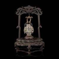A Small Chinese Carved Rock Crystal Censer and Cover with Associated Carved Wood Stand, Late Qing/Republic Period 晚清民國 雕水晶雙活環花籃式小蓋瓶 帶木座