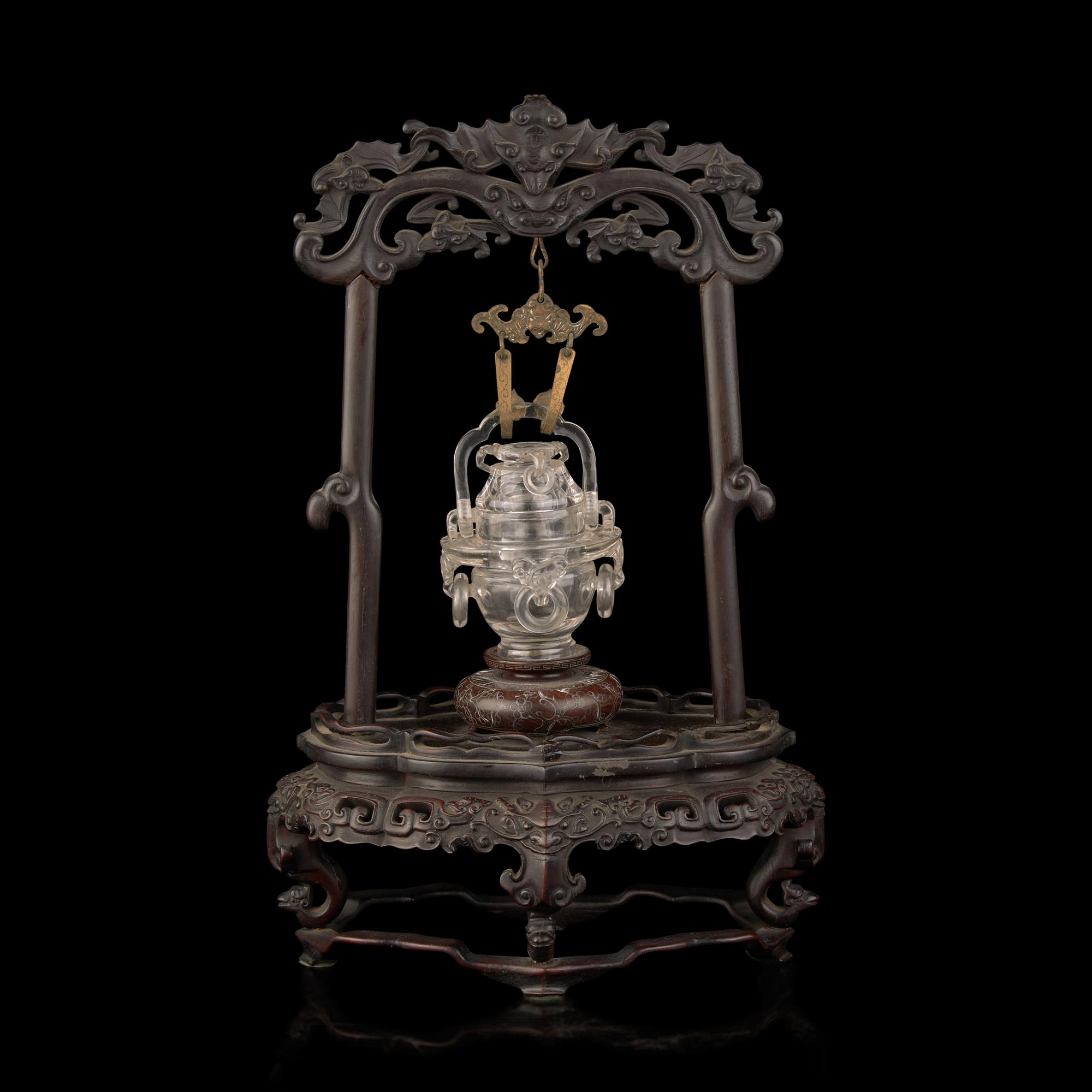 A Small Chinese Carved Rock Crystal Censer and Cover with Associated Carved Wood Stand, Late Qing/Republic Period 晚清民國 雕水晶雙活環花籃式小蓋瓶 帶木座