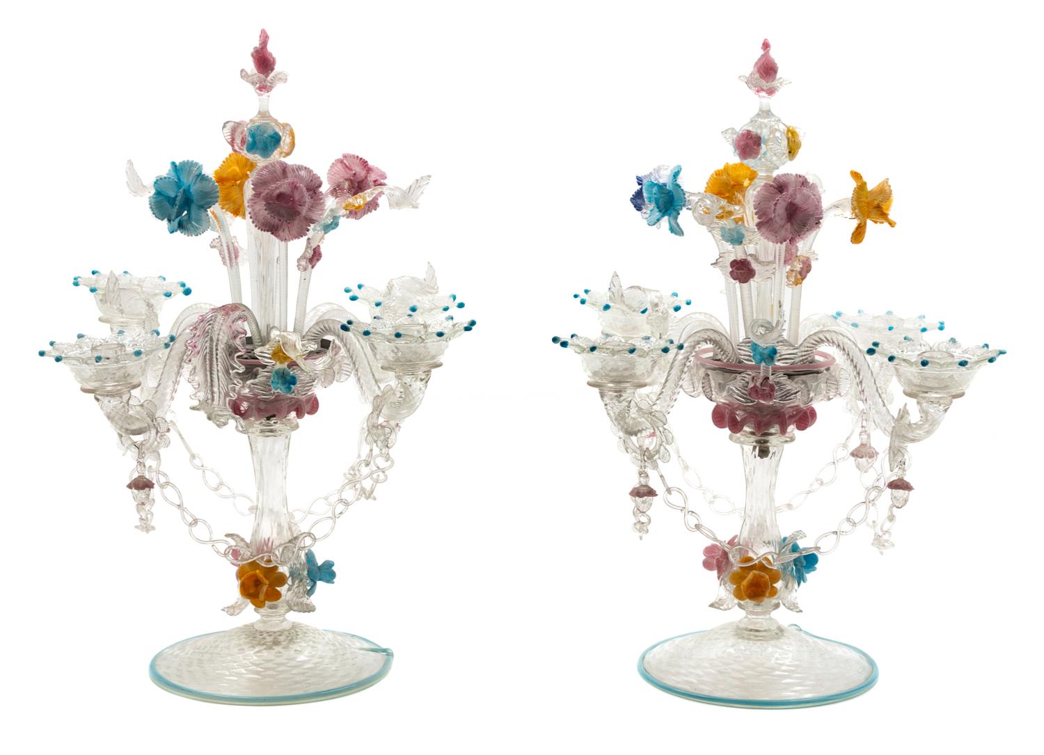 A Pair of Venetian Glass Four-Light Candelabra Height 24 inches. — MID-20TH CENTURY