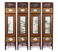 A Chinese Four-Panel Famille Rose Porcelain Mounted Hardwood Screen LATE 19TH CENTURY Height overall 42 inches. — LATE 19TH CENTURY