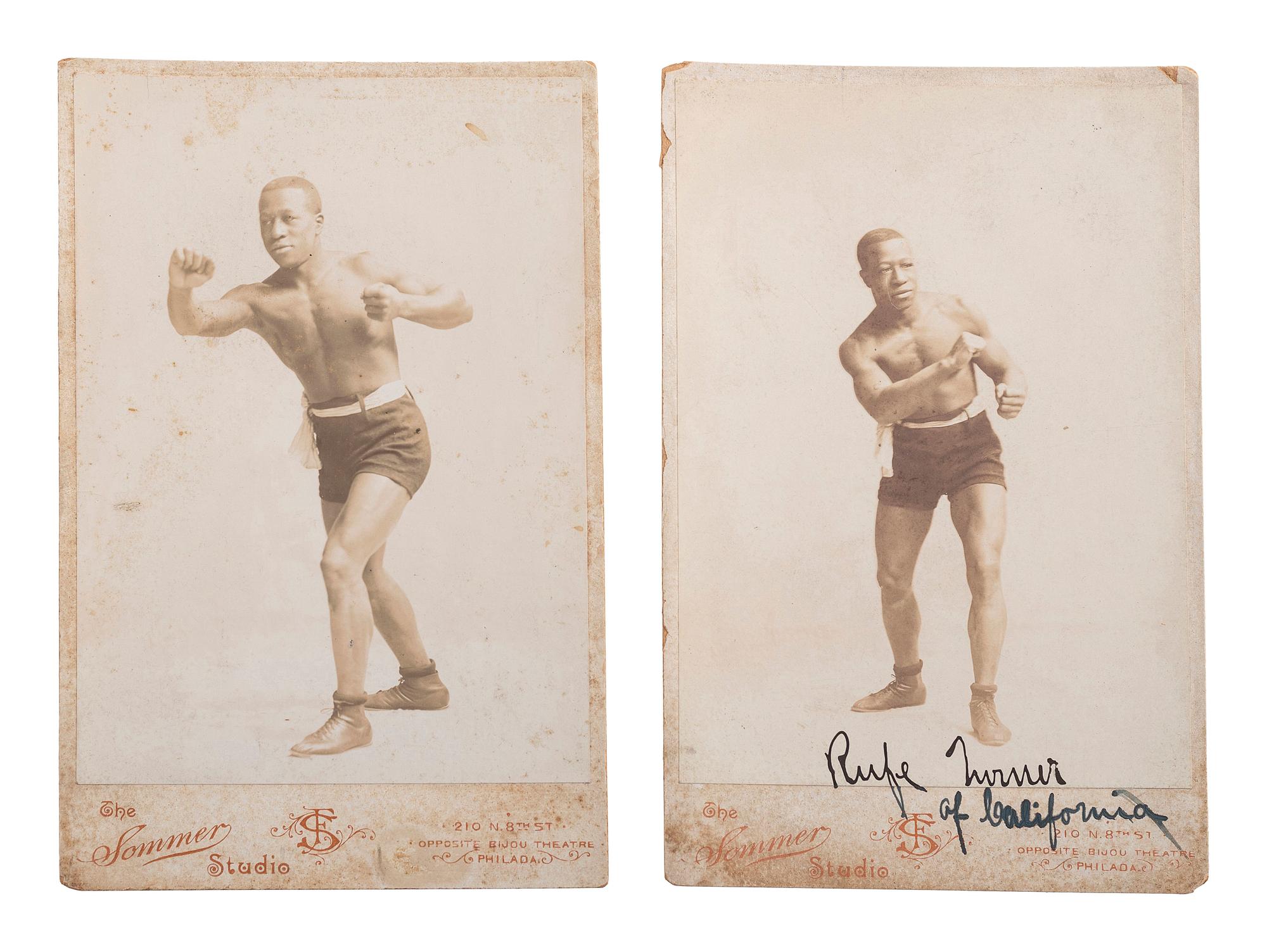 [BOXING] -- [TURNER, Rufus (d. 1937)]. 2 Cabinet cards of boxer Rufus “Rufe” Turner. Sommer Studio: Philadelphia, [1905].