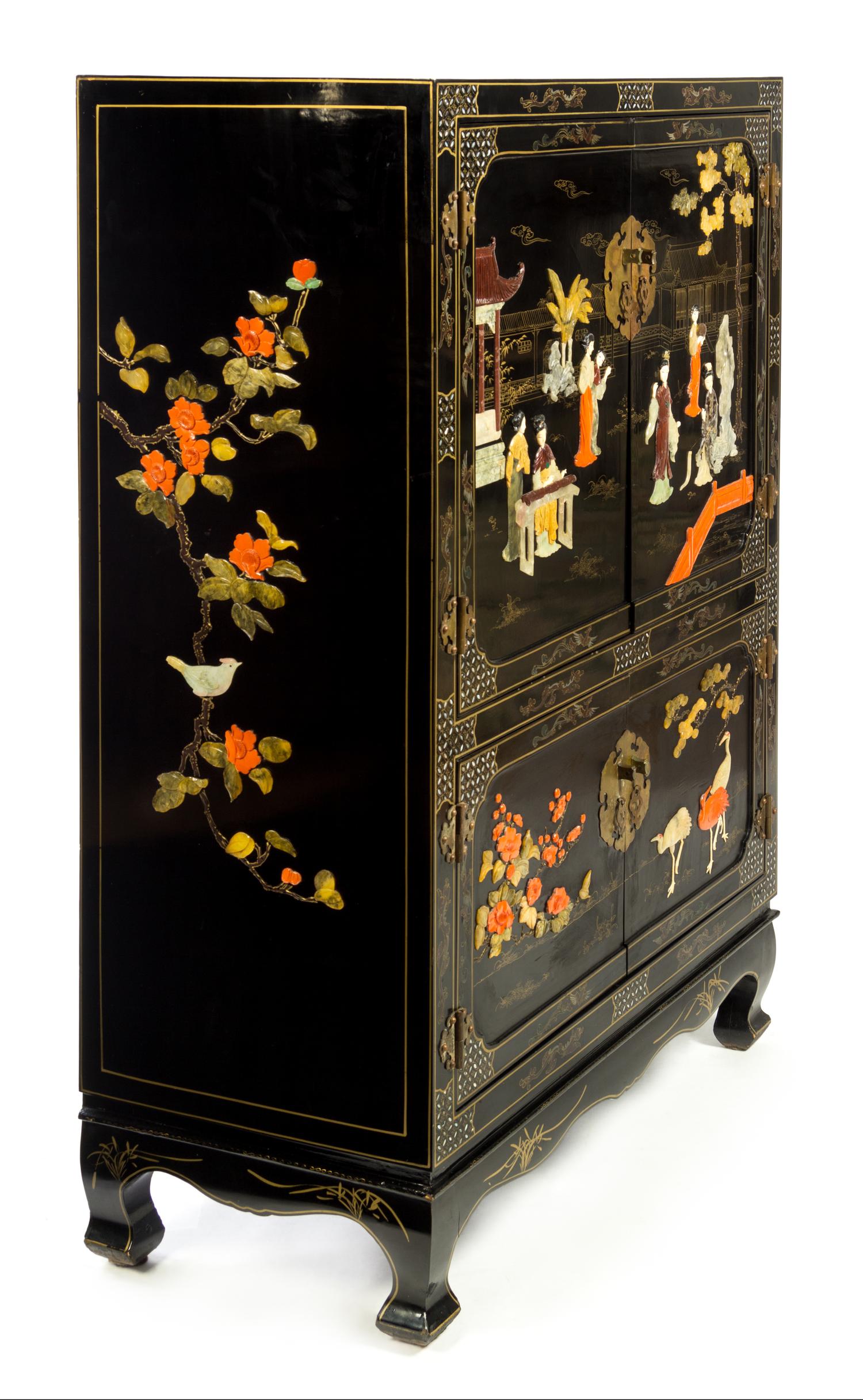 A Chinese Painted and Hardstone Inset Media Cabinet Height 60 x width 40 x depth 20 inches. — LATE 20TH CENTURY