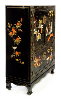 A Chinese Painted and Hardstone Inset Media Cabinet Height 60 x width 40 x depth 20 inches. — LATE 20TH CENTURY