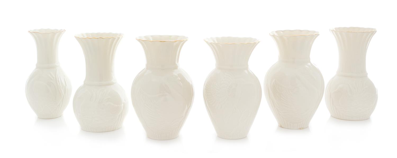 Six Belleek Vases Height of tallest 5 1/4 inches. — BELLEEK COLLECTORS SOCIETY MARKS