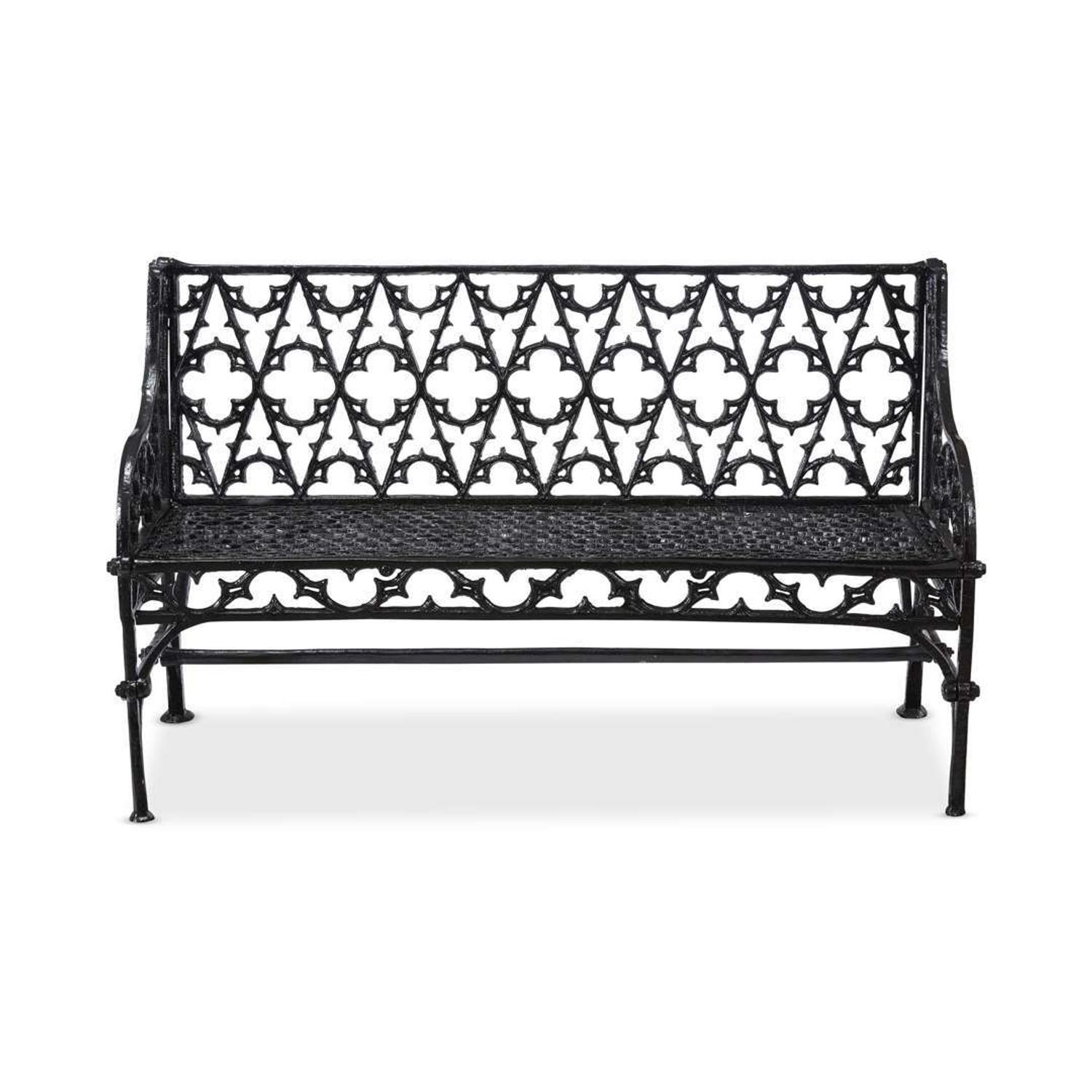 Two Gothic Revival black-painted cast iron benches 20th century