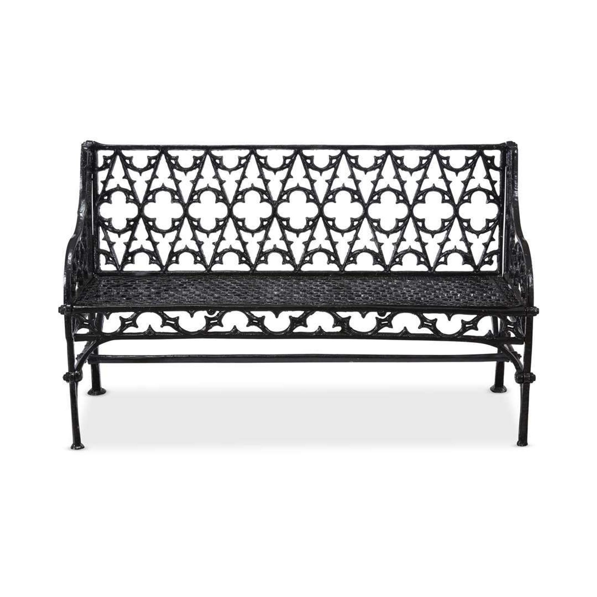 Two Gothic Revival black-painted cast iron benches 20th century