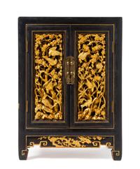 A Small Gilt Decorated Red Lacquered Wood Kang Cabinet, Kanggui Height 20 x width 14 x depth 9 3/8 inches. — 19TH CENTURY