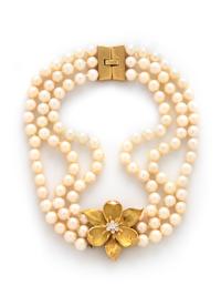 YELLOW GOLD, CULTURED PEARL, AND DIAMOND CONVERTIBLE BROOCH/NECKLACE