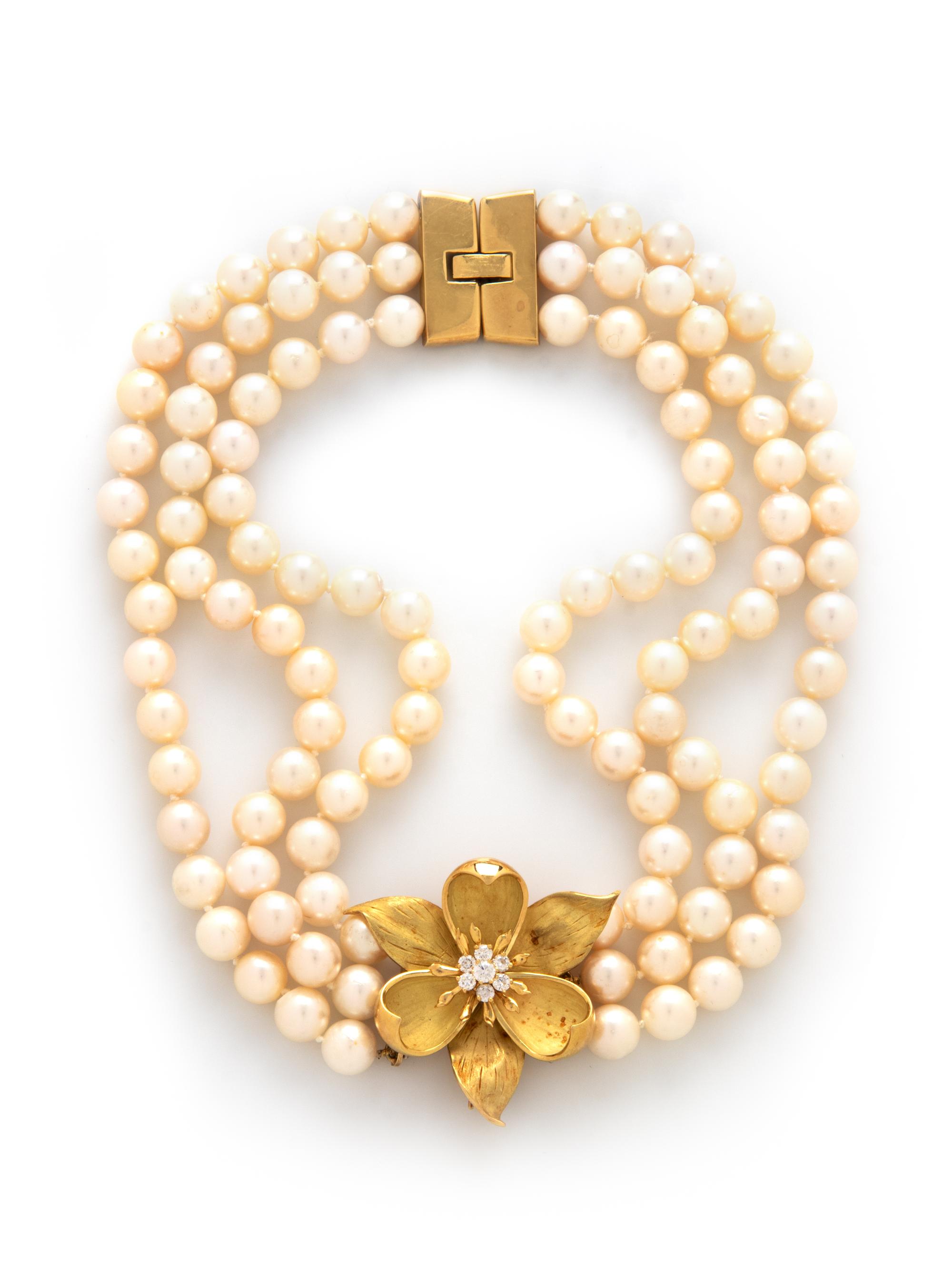 YELLOW GOLD, CULTURED PEARL, AND DIAMOND CONVERTIBLE BROOCH/NECKLACE
