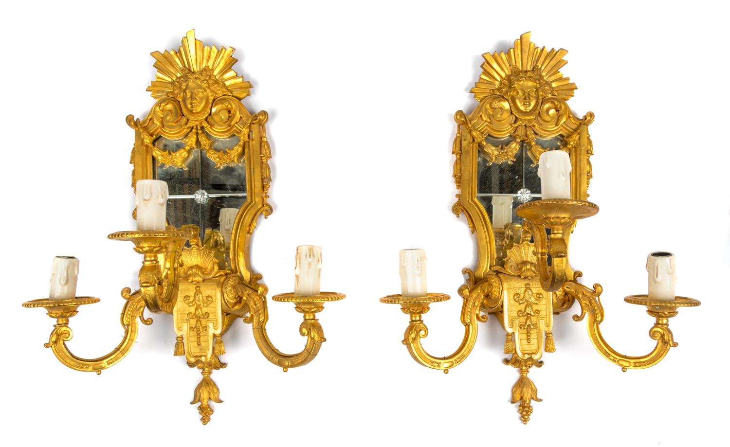 A Pair of Regence Style Gilt Bronze Three-Light Girandole Mirrors Height 22 1/2 inches. — 20TH CENTURY