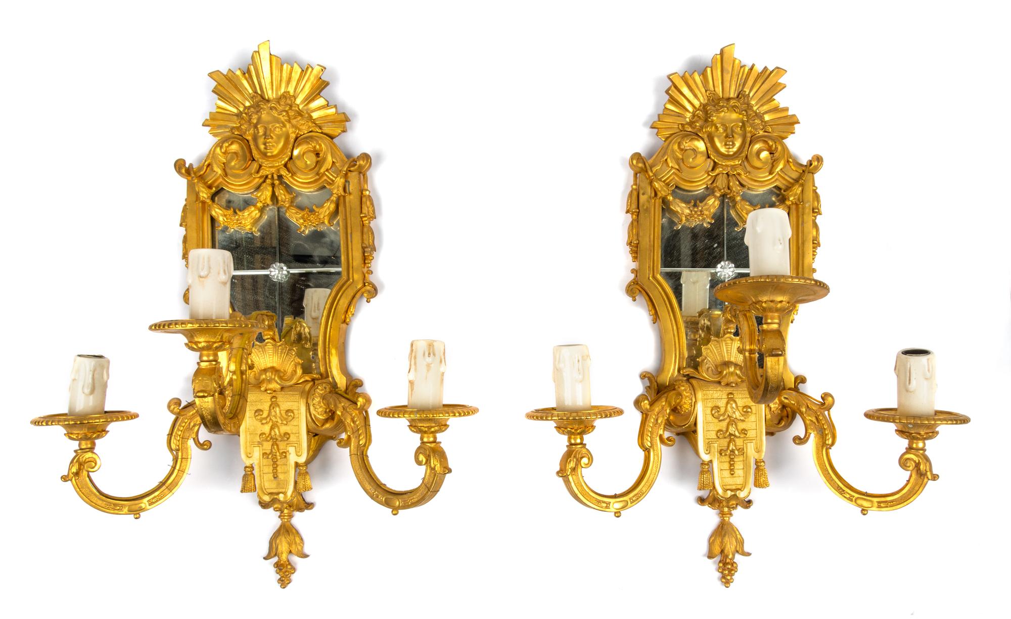 A Pair of Regence Style Gilt Bronze Three-Light Girandole Mirrors Height 22 1/2 inches. — 20TH CENTURY