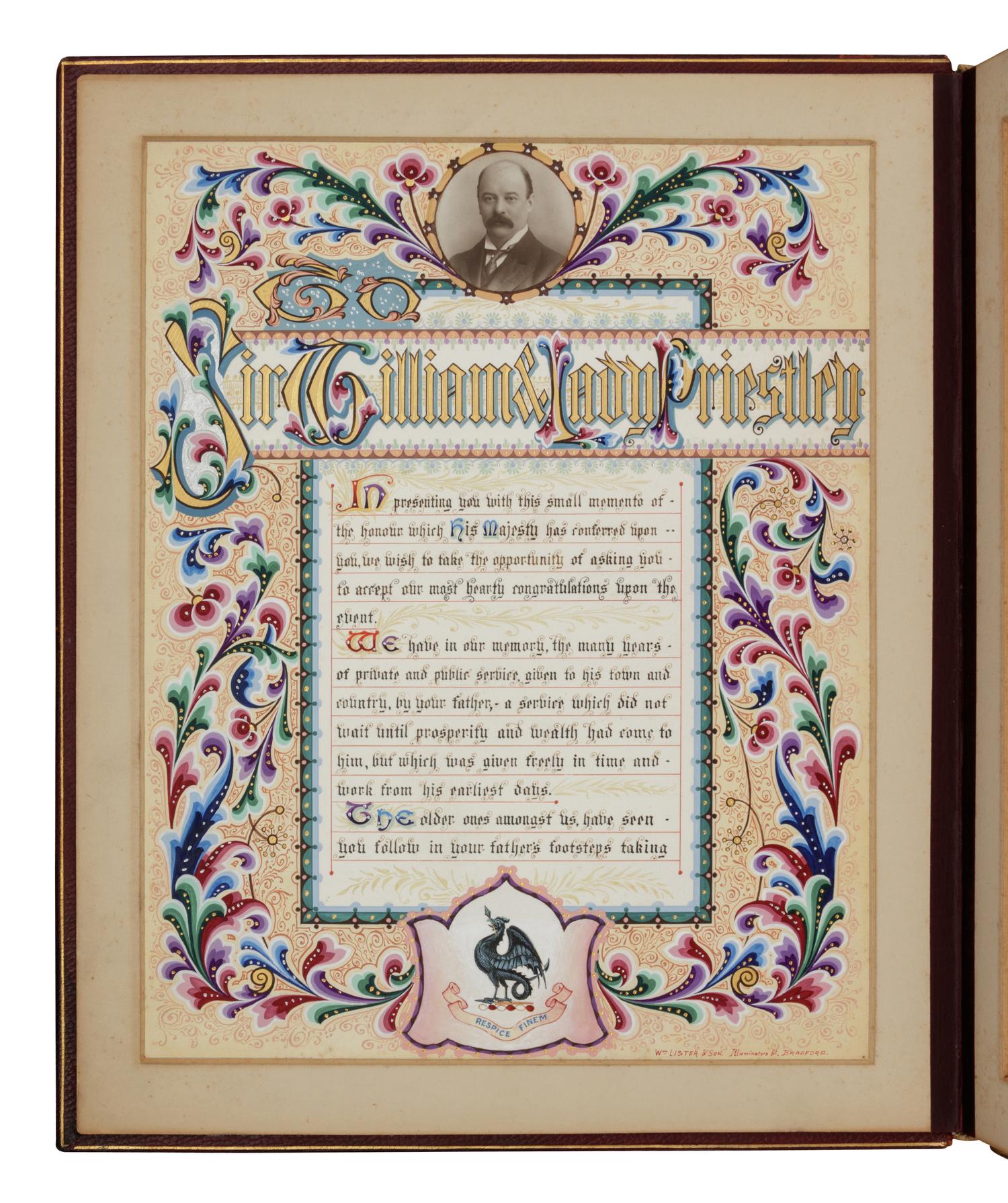 [ILLUMINATION] -- William Lister & Son. Illuminators, Bradford. Illuminated address presented to Sir William & Lady Priestly.