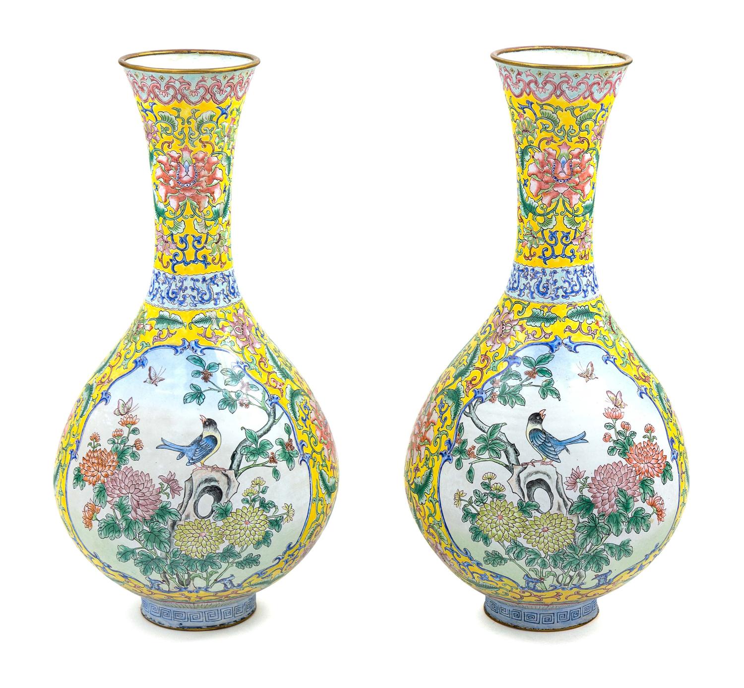 A Pair of Chines Canton Painted Enamel Vases