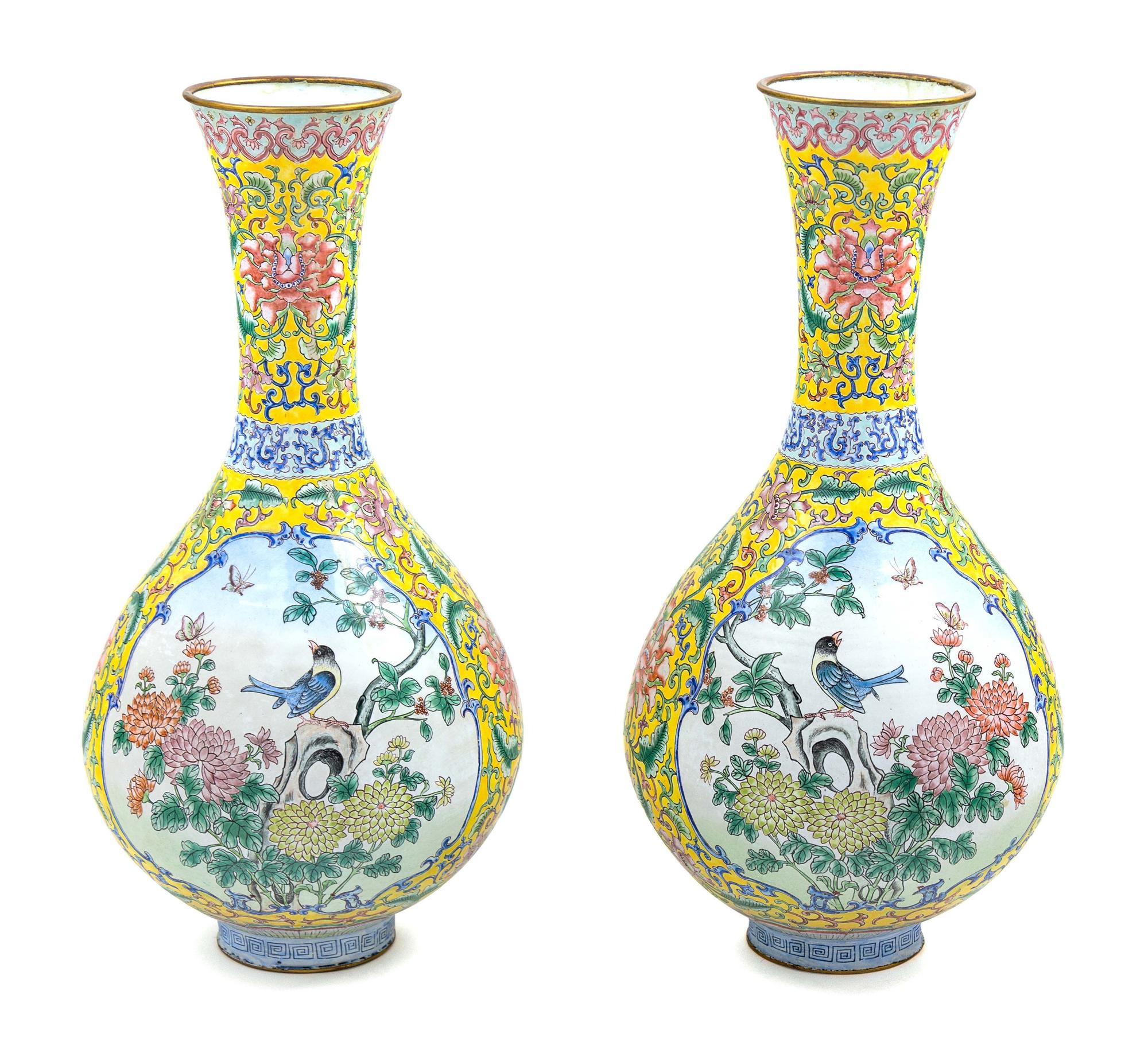 A Pair of Chines Canton Painted Enamel Vases