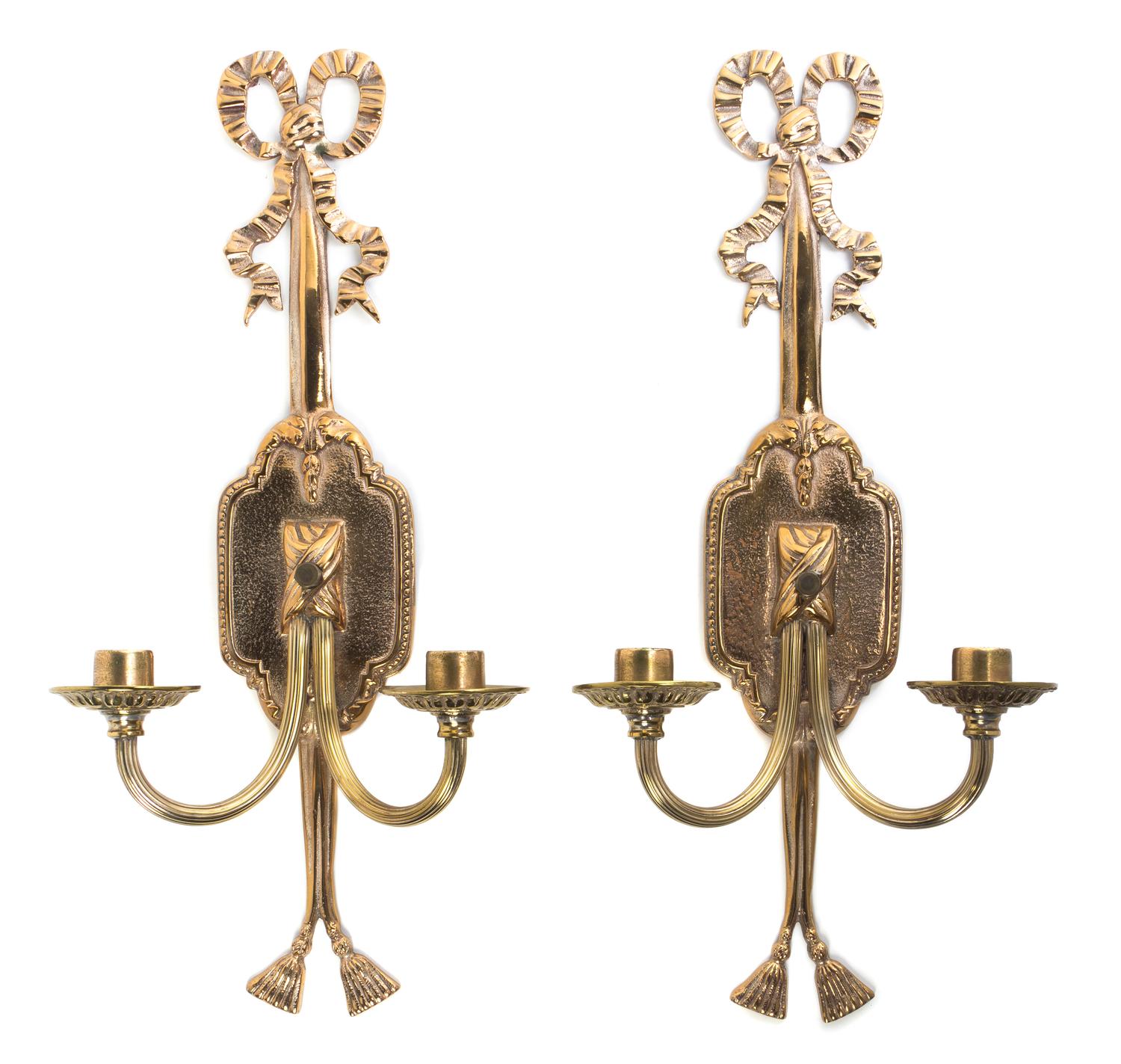 A Pair of Brass Two-Light Sconces, Height 17 3/4 inches.