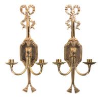 A Pair of Brass Two-Light Sconces, Height 17 3/4 inches.