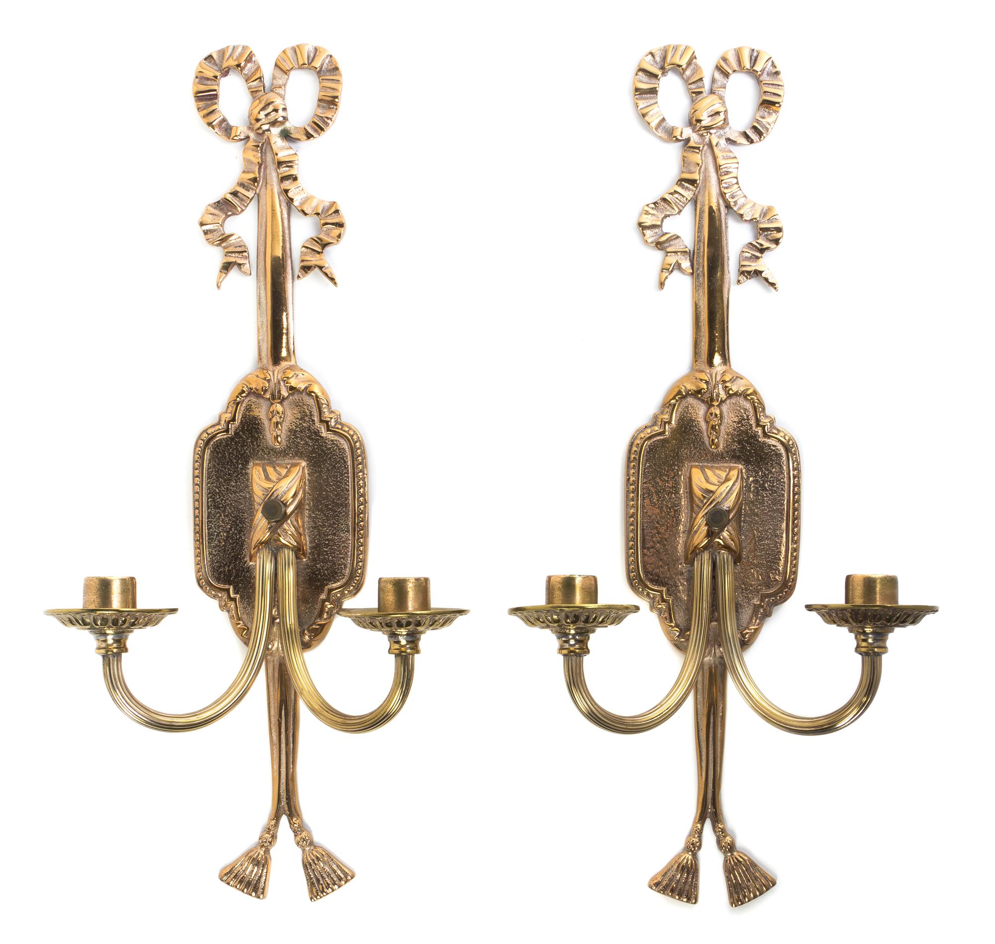 A Pair of Brass Two-Light Sconces, Height 17 3/4 inches.