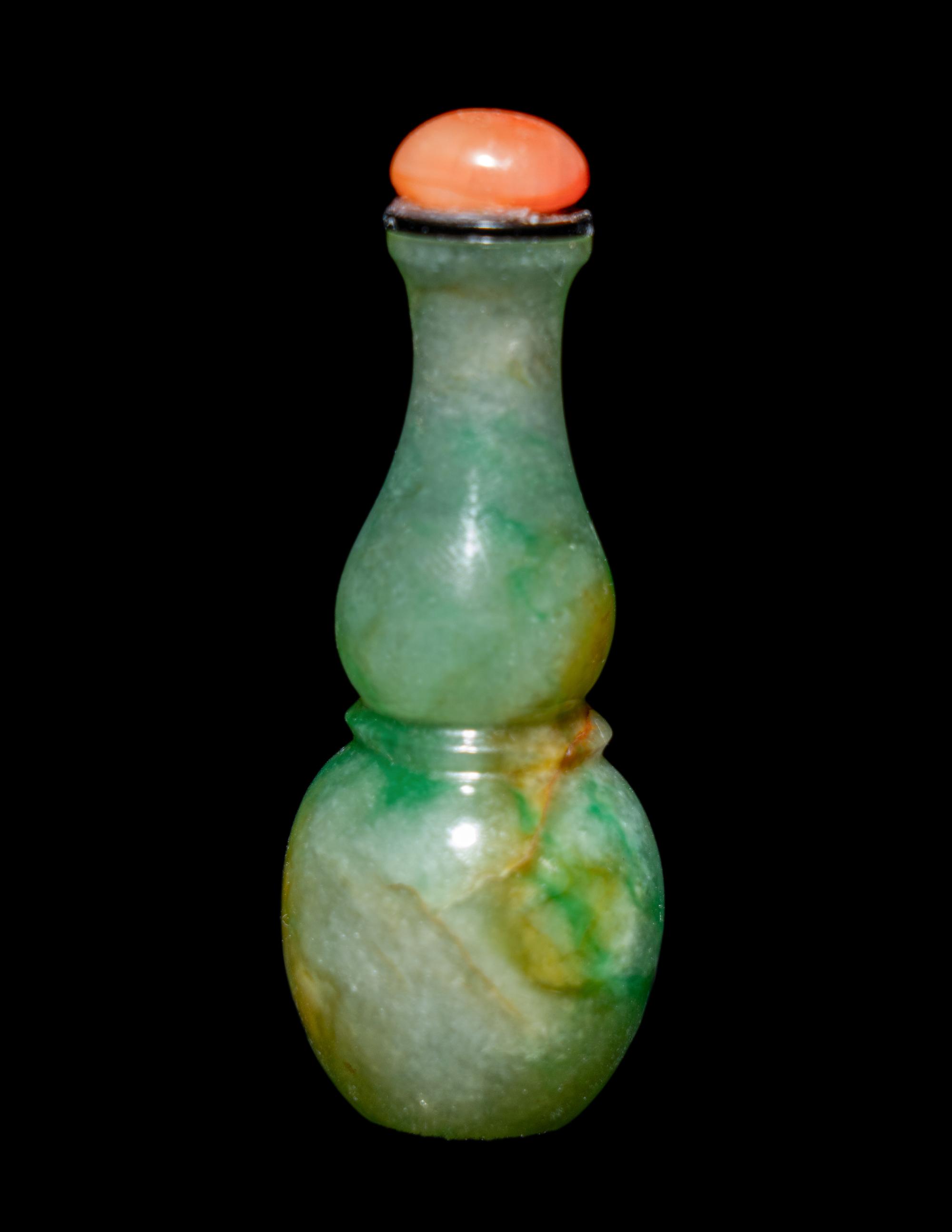 A Chinese Apple Green and Celadon Jadeite Gourd-Form Snuff Bottle