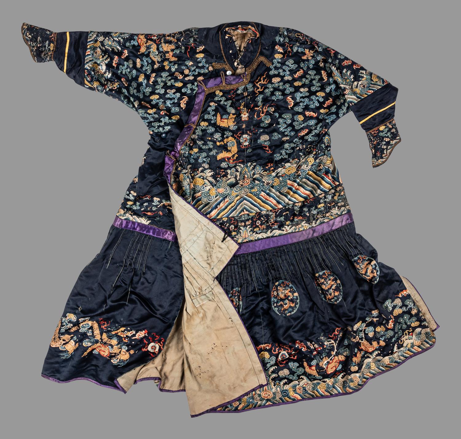 A Chinese Navy Blue Ground Embroidered Silk Court Robe, Chaofu