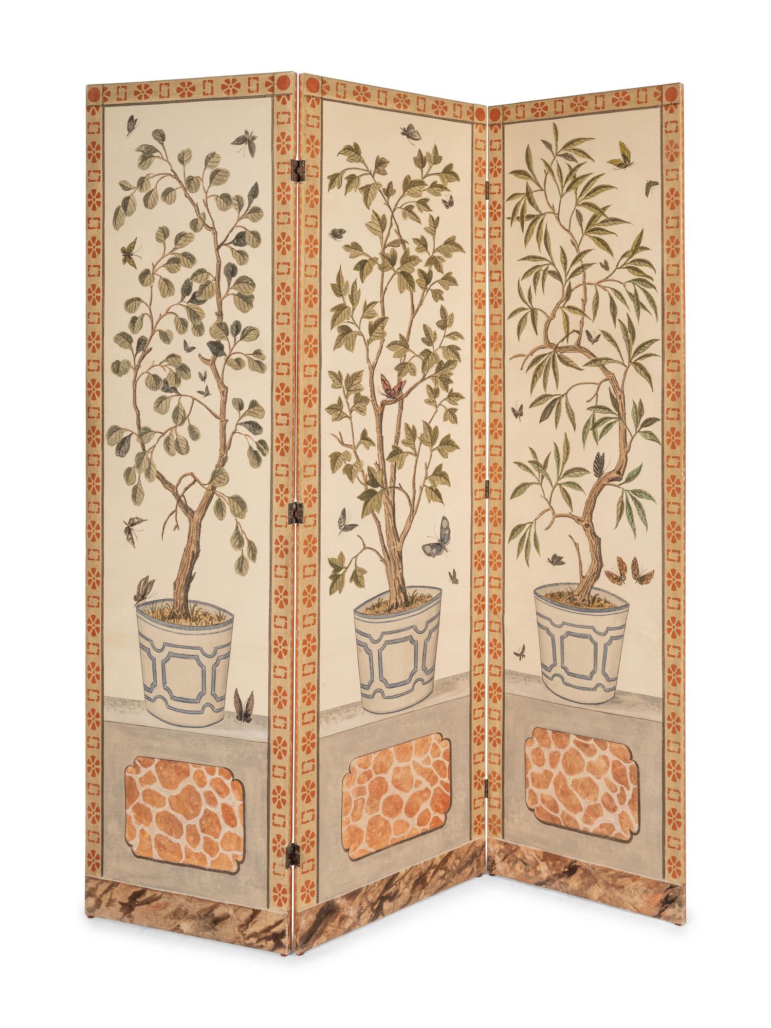 A Pair of Painted Three-Panel Screens