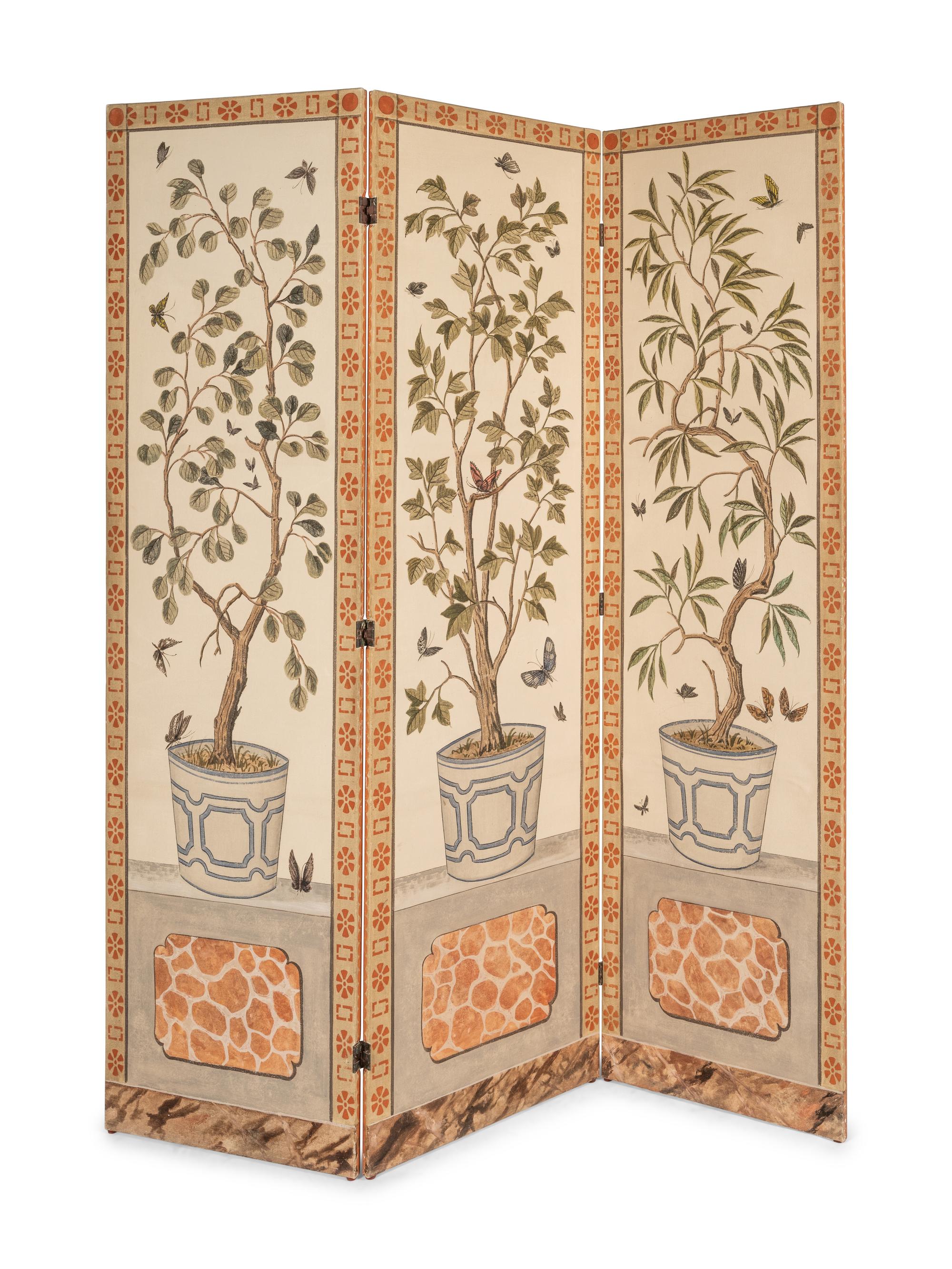 A Pair of Painted Three-Panel Screens