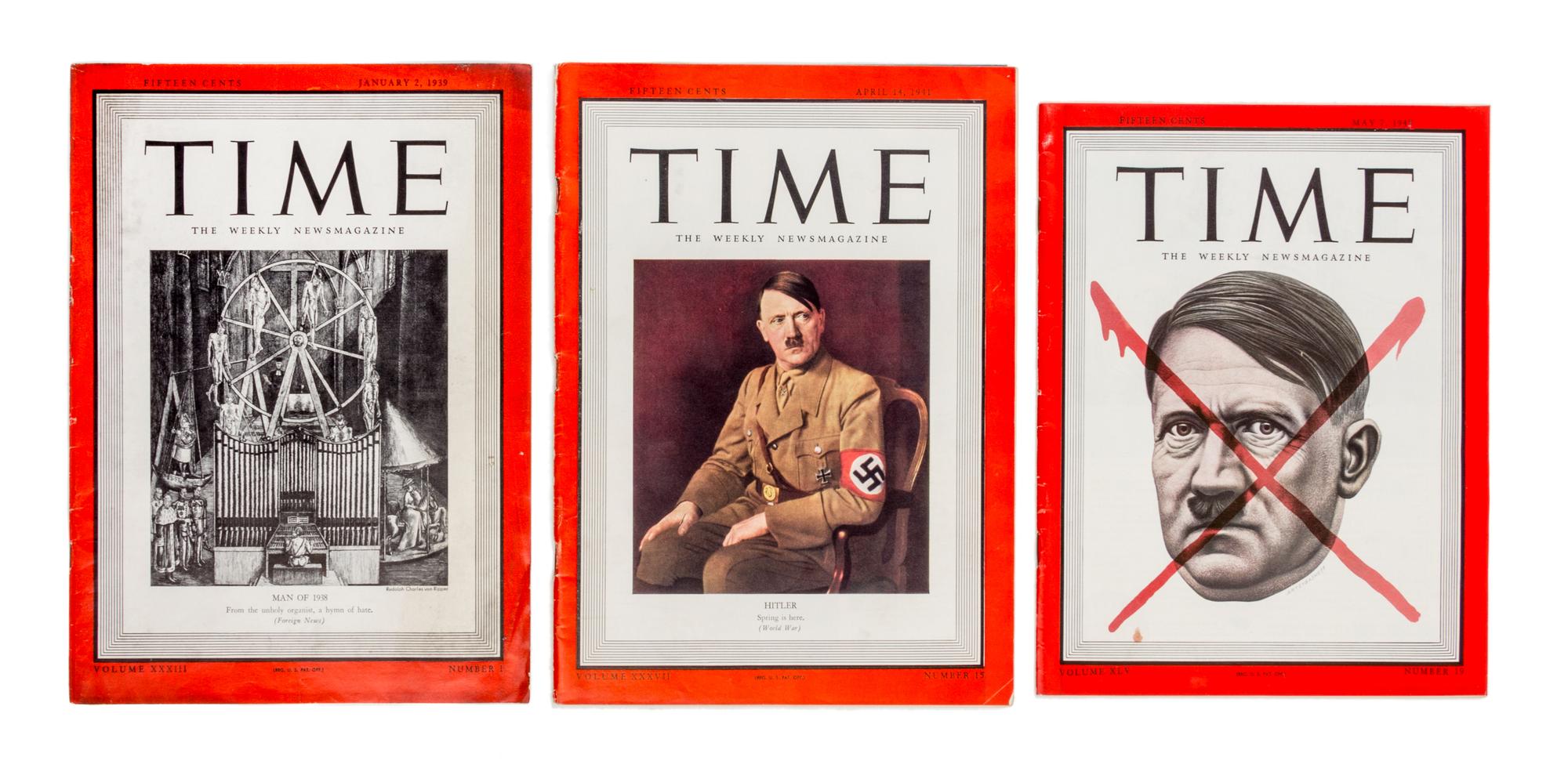 (WWII) TIME MAGAZINE. 4 covers, including one proof of Adolf Hitler, and a related ALS.