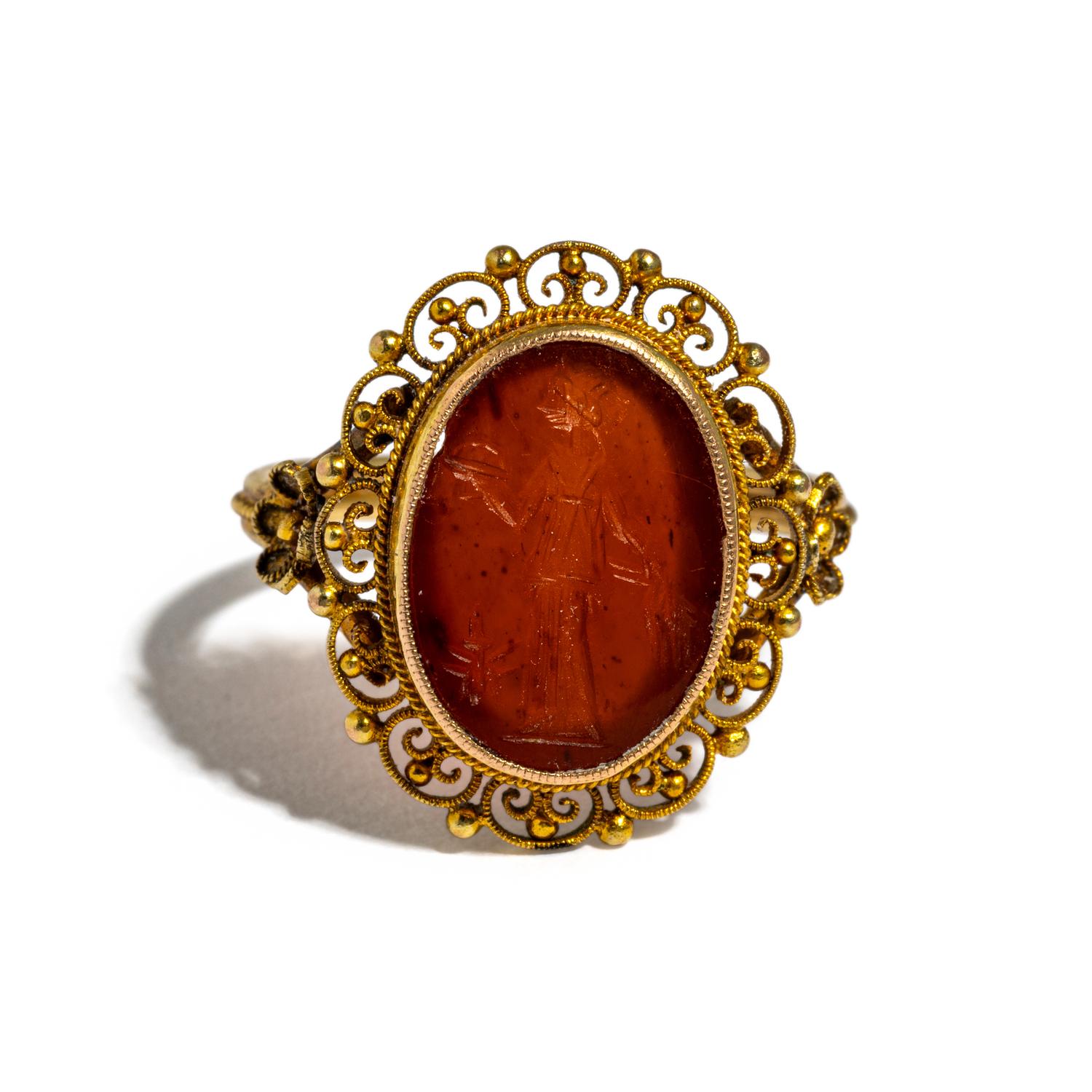A Roman Carnelian Ring Stone with the Goddess Ceres — Set in a gold ring