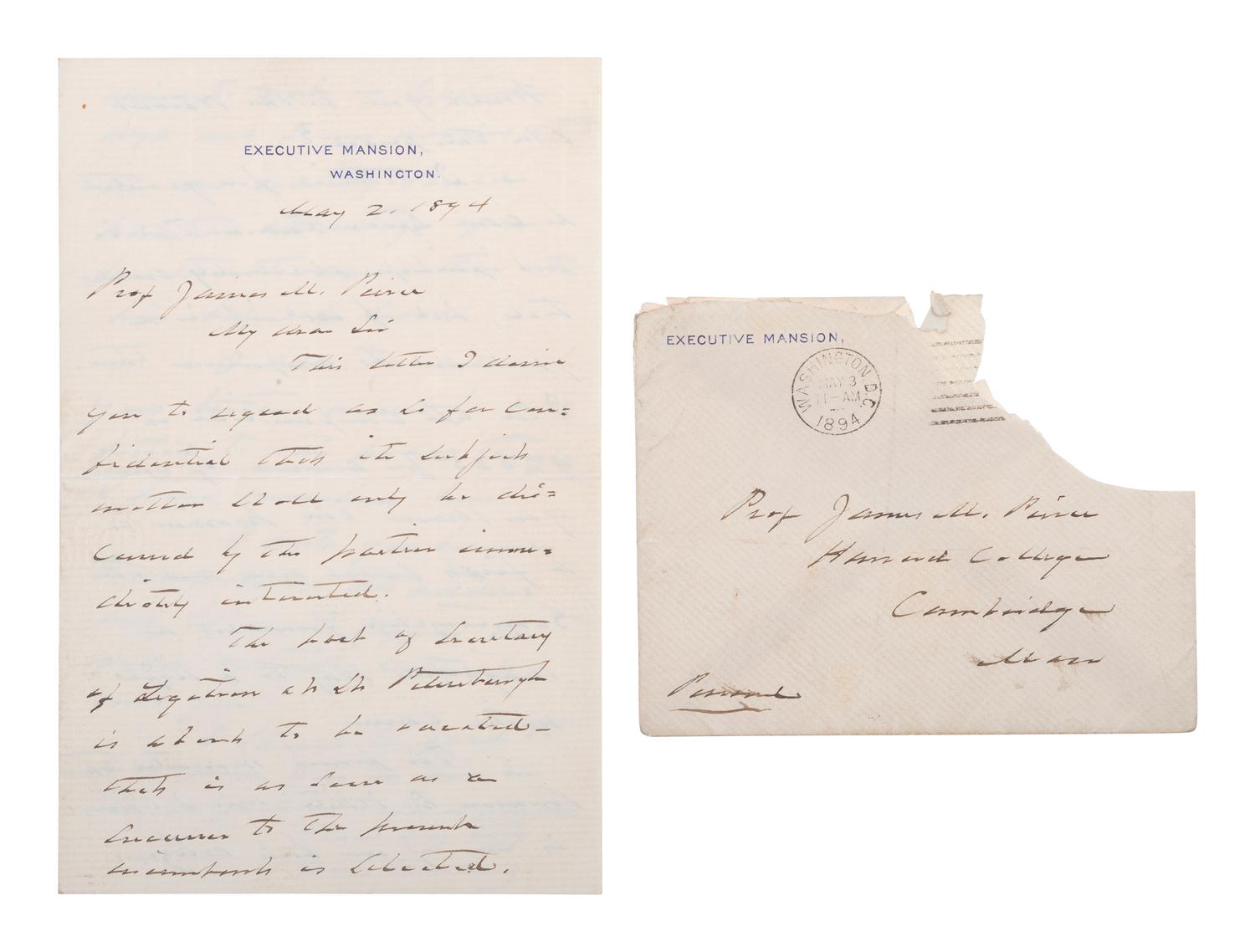 CLEVELAND, Grover (1837-1908). Autograph letter signed ("Grover Cleveland"), as President. Washington, DC, 2 May 1894.