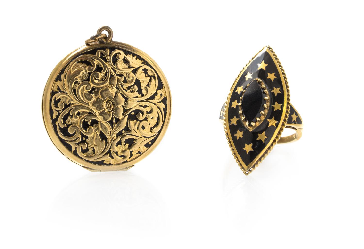A Collection of Yellow Gold and Enamel Jewelry, 13.50 dwts.
