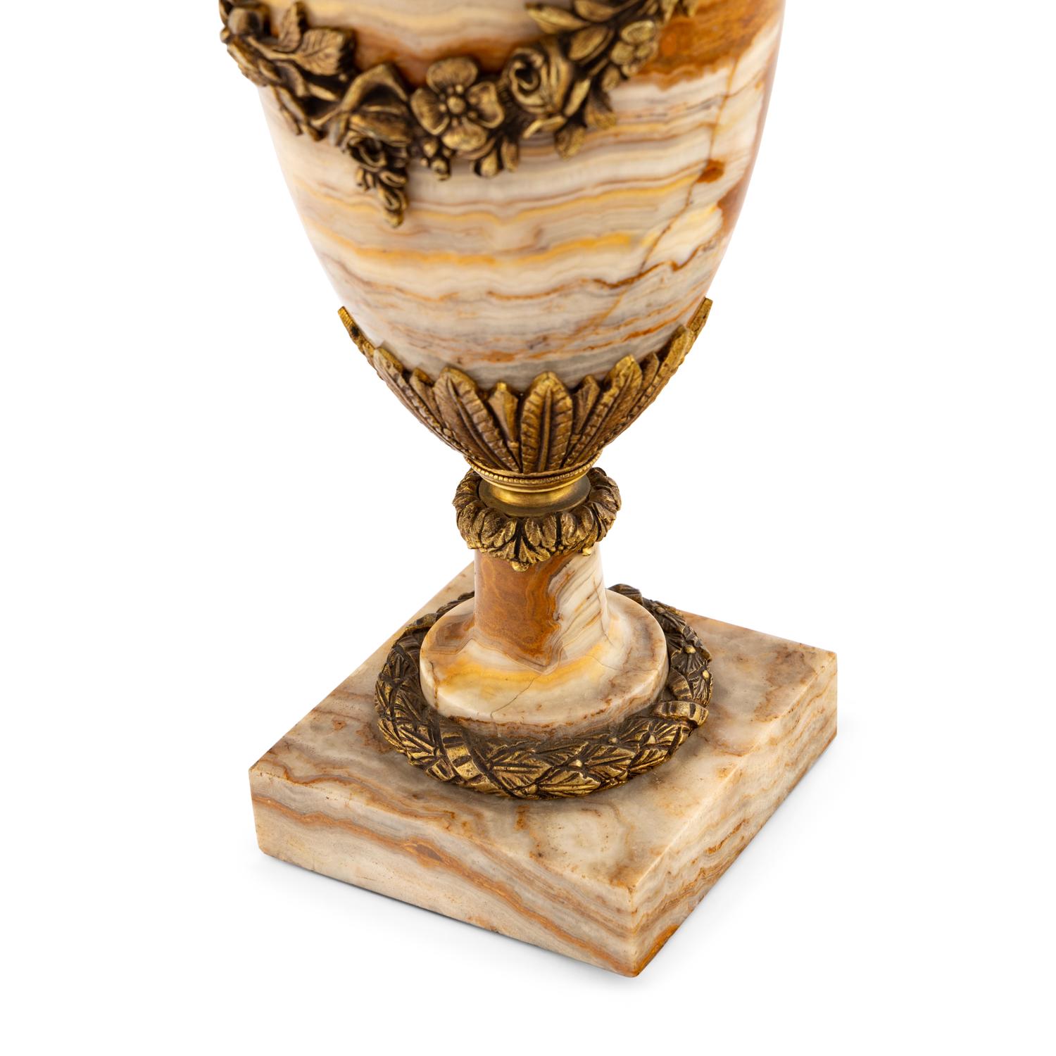 A Neoclassical Style Gilt Bronze Mounted Onyx Urn-Form Lamp