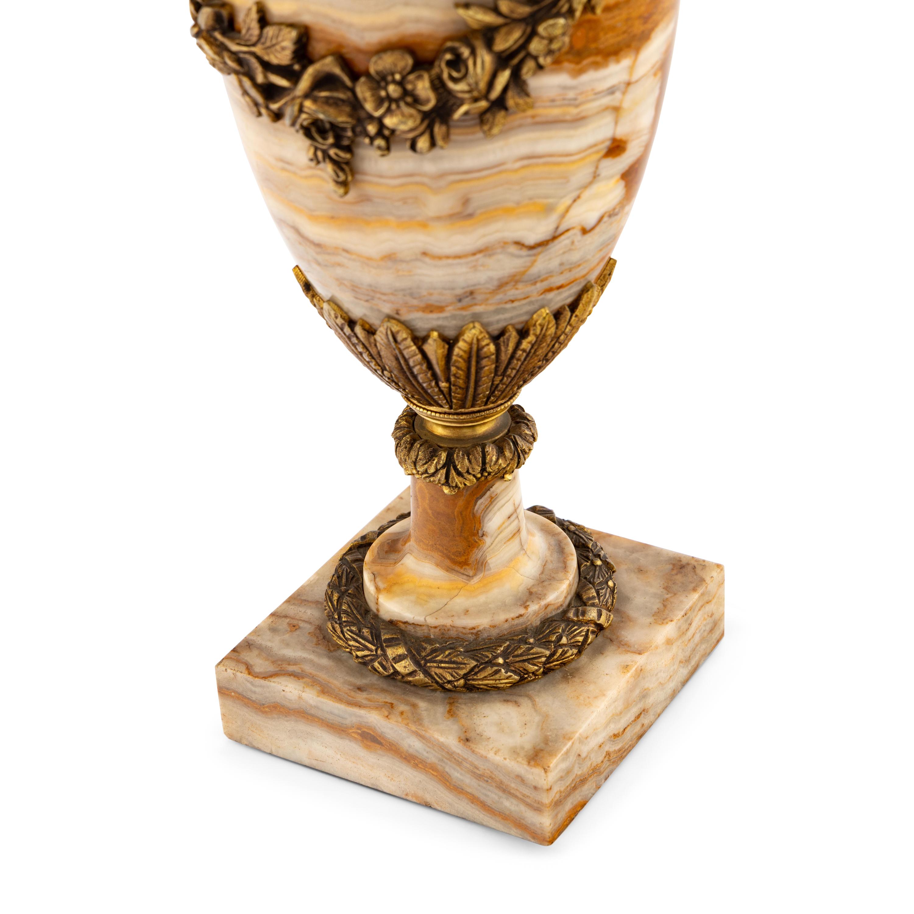 A Neoclassical Style Gilt Bronze Mounted Onyx Urn-Form Lamp
