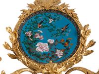 A Pair of Louis XVI Style Gilt Bronze and Cloisonné Charger-Inset Two-Light Sconces