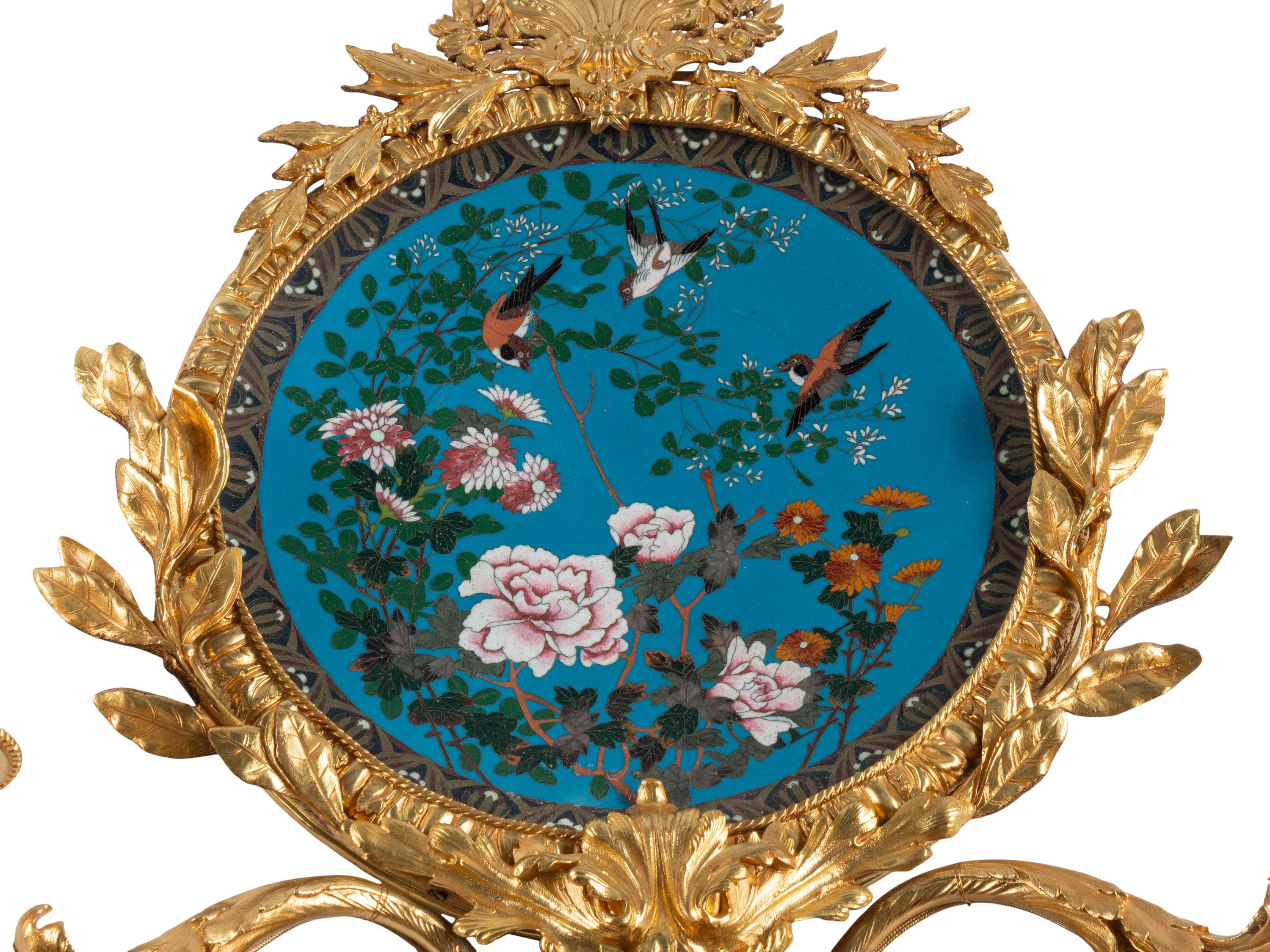 A Pair of Louis XVI Style Gilt Bronze and Cloisonné Charger-Inset Two-Light Sconces