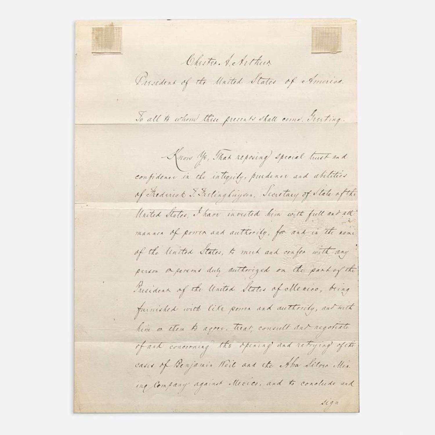 [Presidential] Arthur, Chester A. Manuscript Document, signed