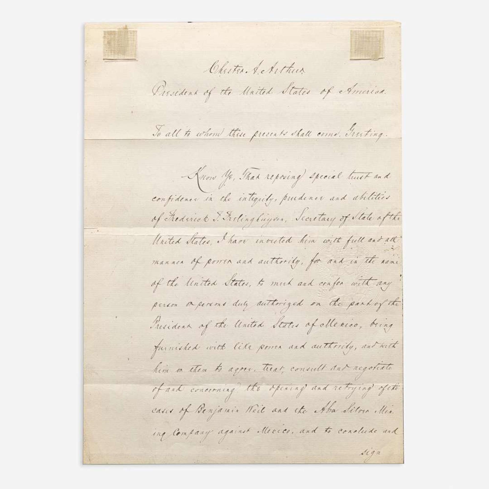 [Presidential] Arthur, Chester A. Manuscript Document, signed