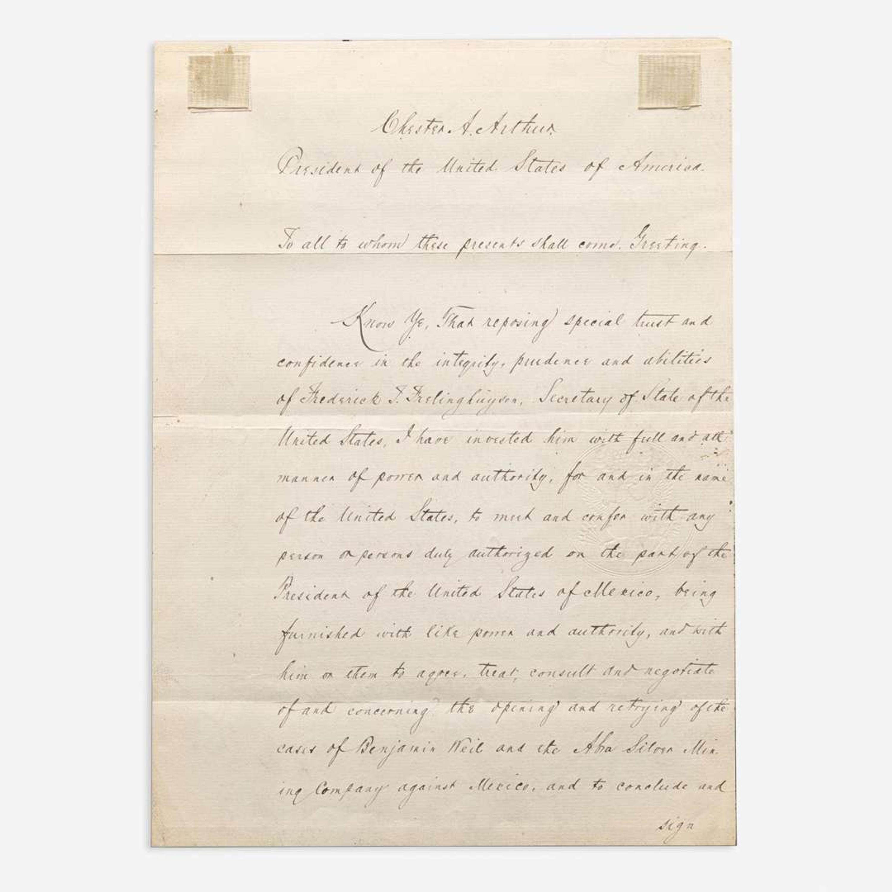 [Presidential] Arthur, Chester A. Manuscript Document, signed