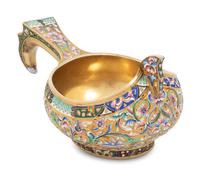 A Large Russian Shaded Enamel Silver-Gilt Kovsh