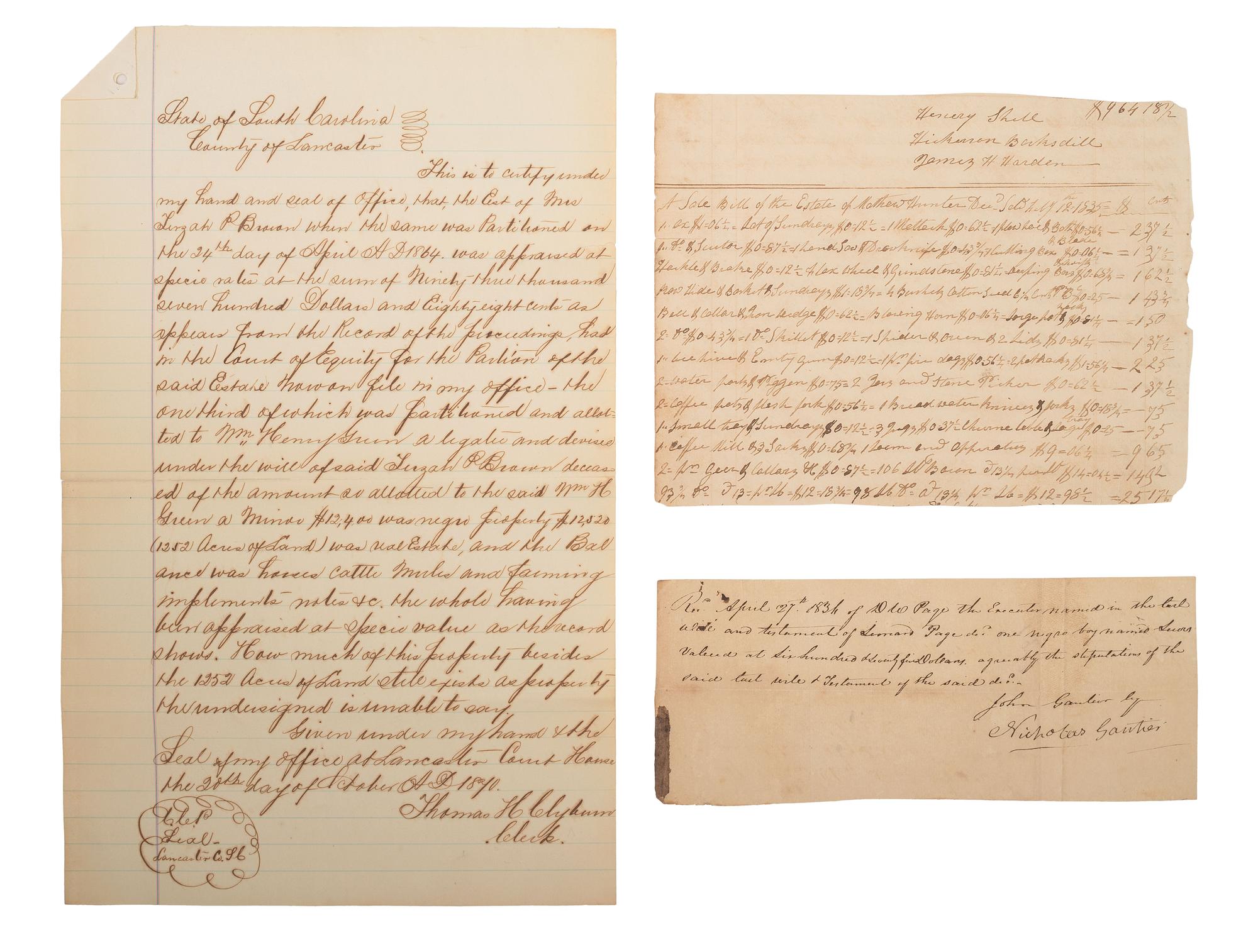 [ENSLAVEMENT & ABOLITION]. A group of 3 manuscript documents related to enslaved persons, comprising: