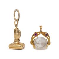 ANTIQUE, TWO YELLOW GOLD AND GEMSTONE FOBS