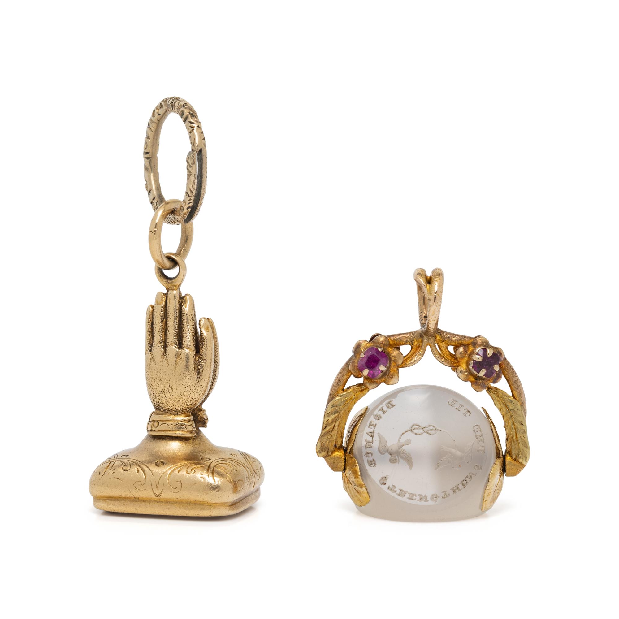 ANTIQUE, TWO YELLOW GOLD AND GEMSTONE FOBS
