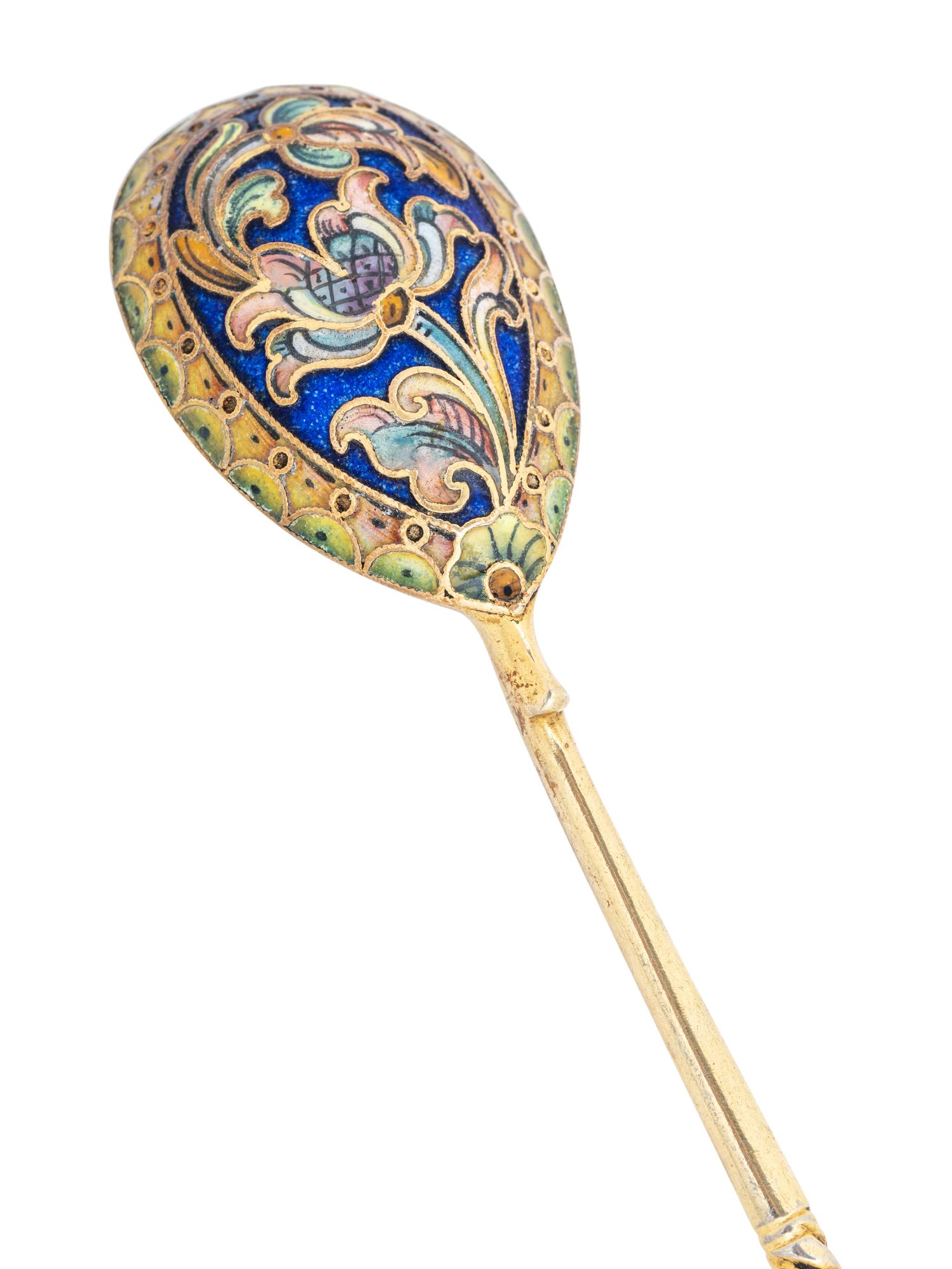 Six Russian Enameled Silver Spoons