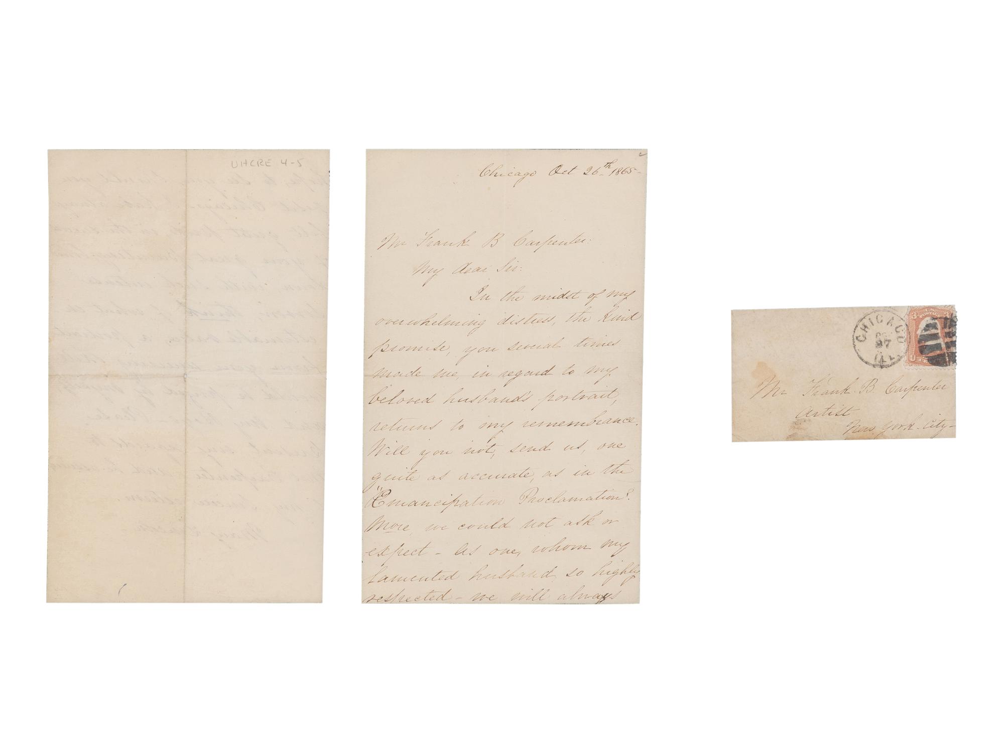 LINCOLN, Mary Todd (1818-1881). Autograph letter signed ("Mary Lincoln") to Francis Bicknell Carpenter, Chicago, 26 October 1865.
