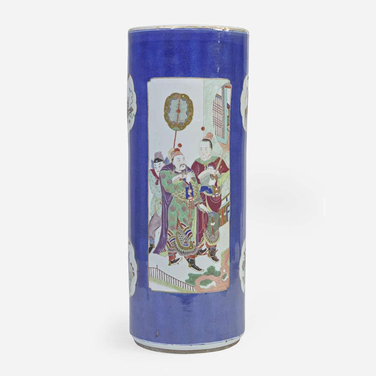 A Chinese powder-blue ground umbrella vase 洒蓝地开光瓷瓶